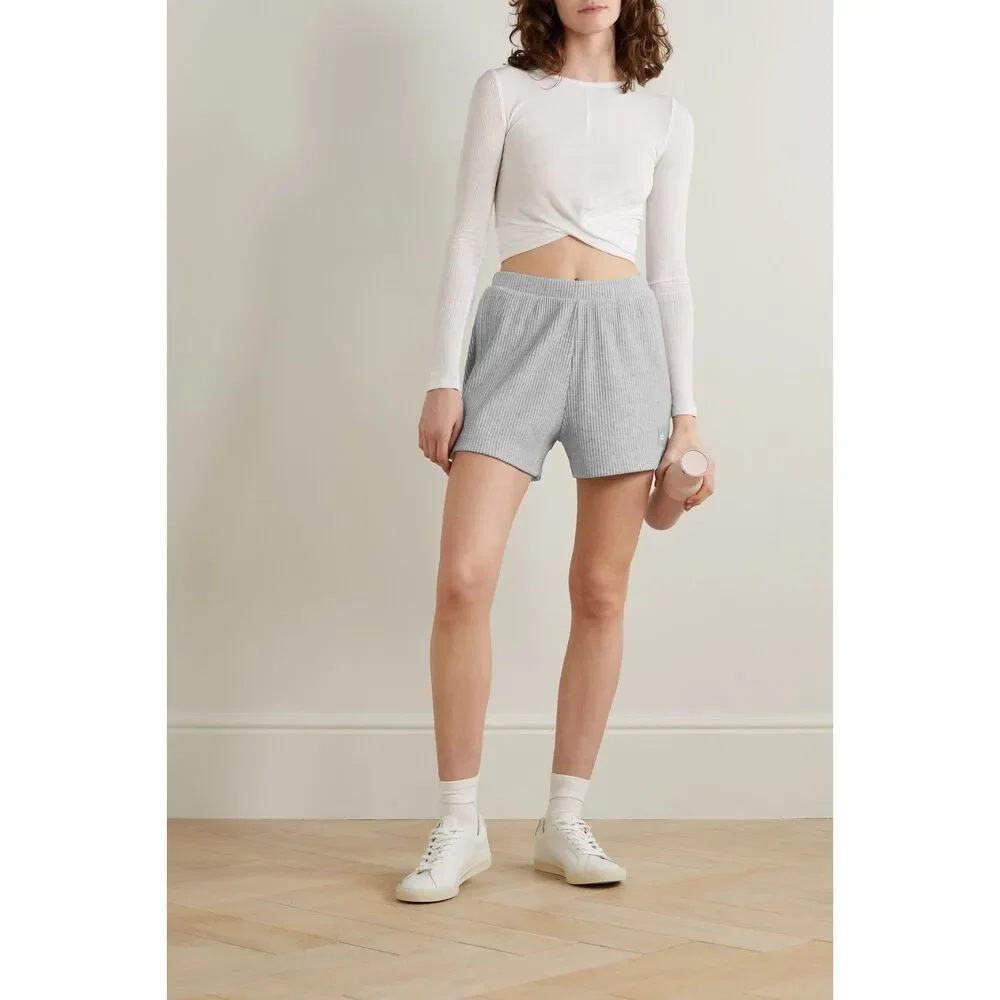 Alo Yoga Muse Ribbed High Waist Athletic Lounge Shorts Heather Gray XS